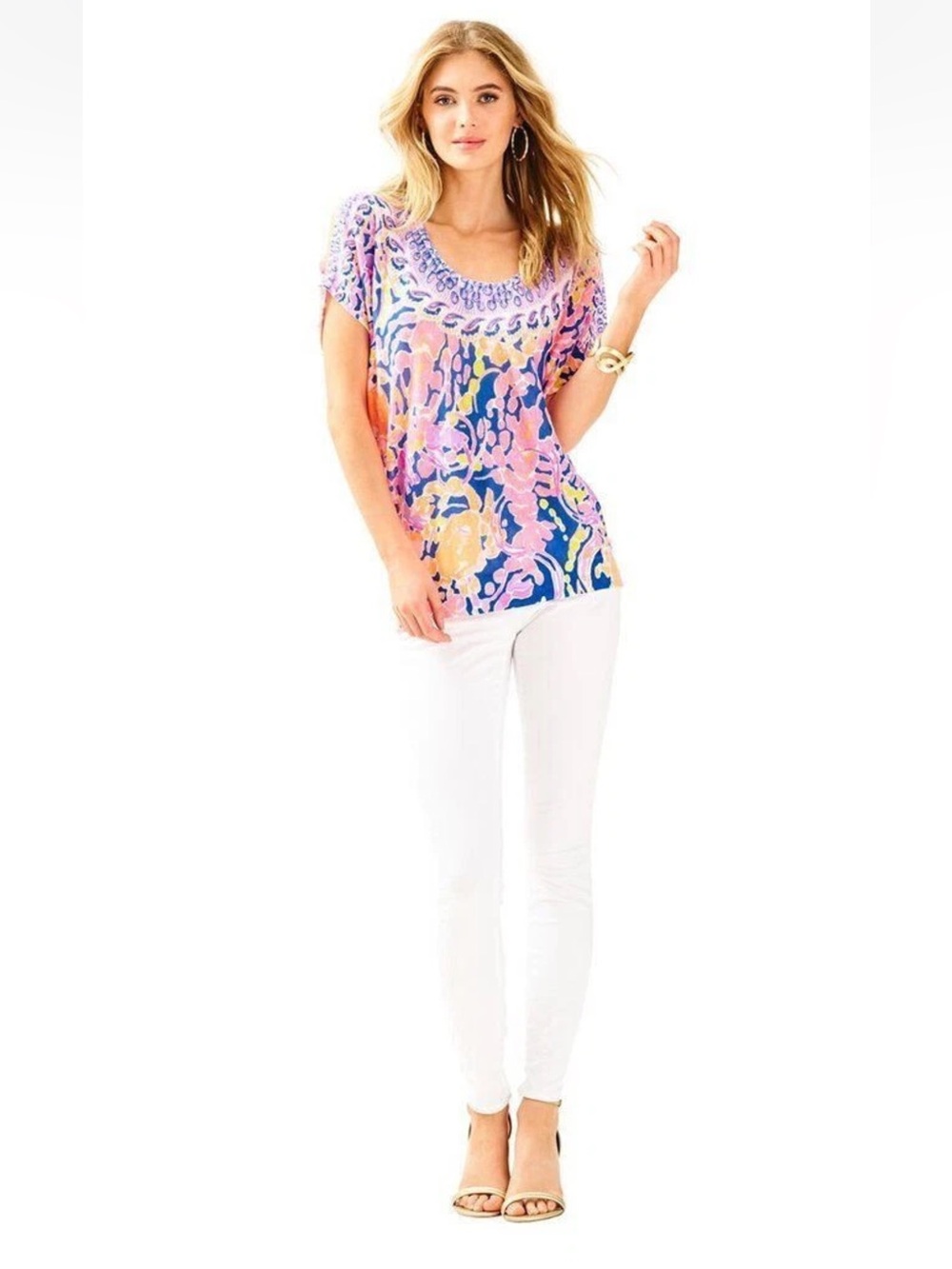 Women's Pink Multi-Print Elliston Short Sleeve Sweater Top S/M
